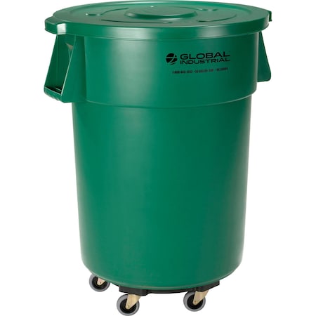 Global Industrial Plastic Trash Can with Lid & Dolly, 55 Gallon Green 240464GNB